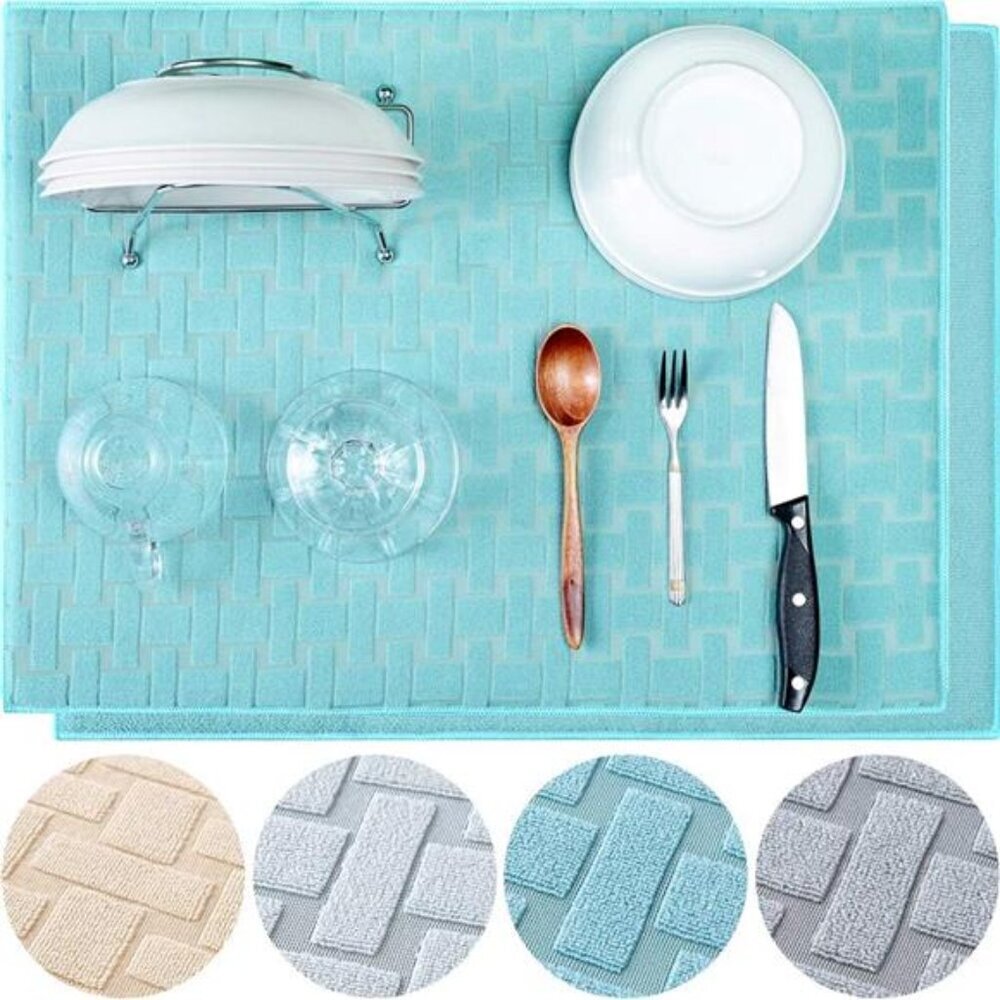 Dish Drying Mat 2 Pack XL Blue Cross Sculpted Microfiber Super Absorbent